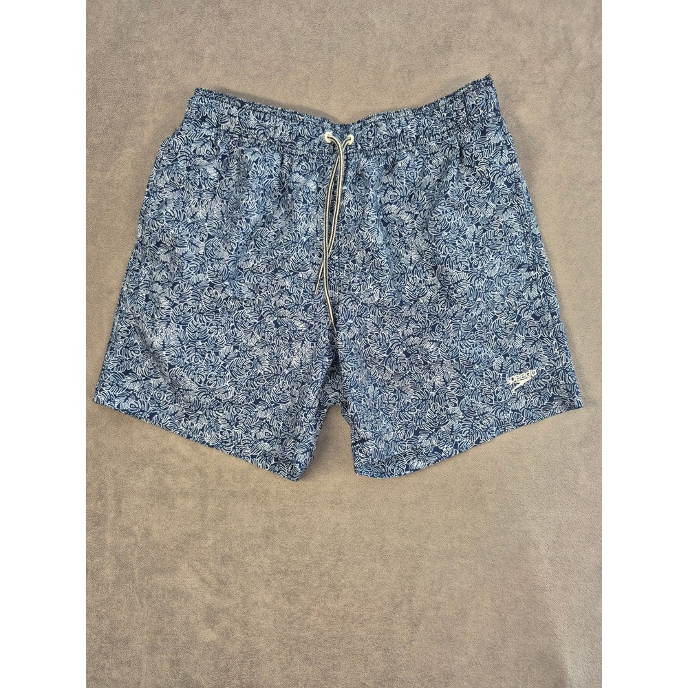 Speedo Mens Swim Trunks Blue White Tropical Monstera Leaf Print Mesh Lined Small